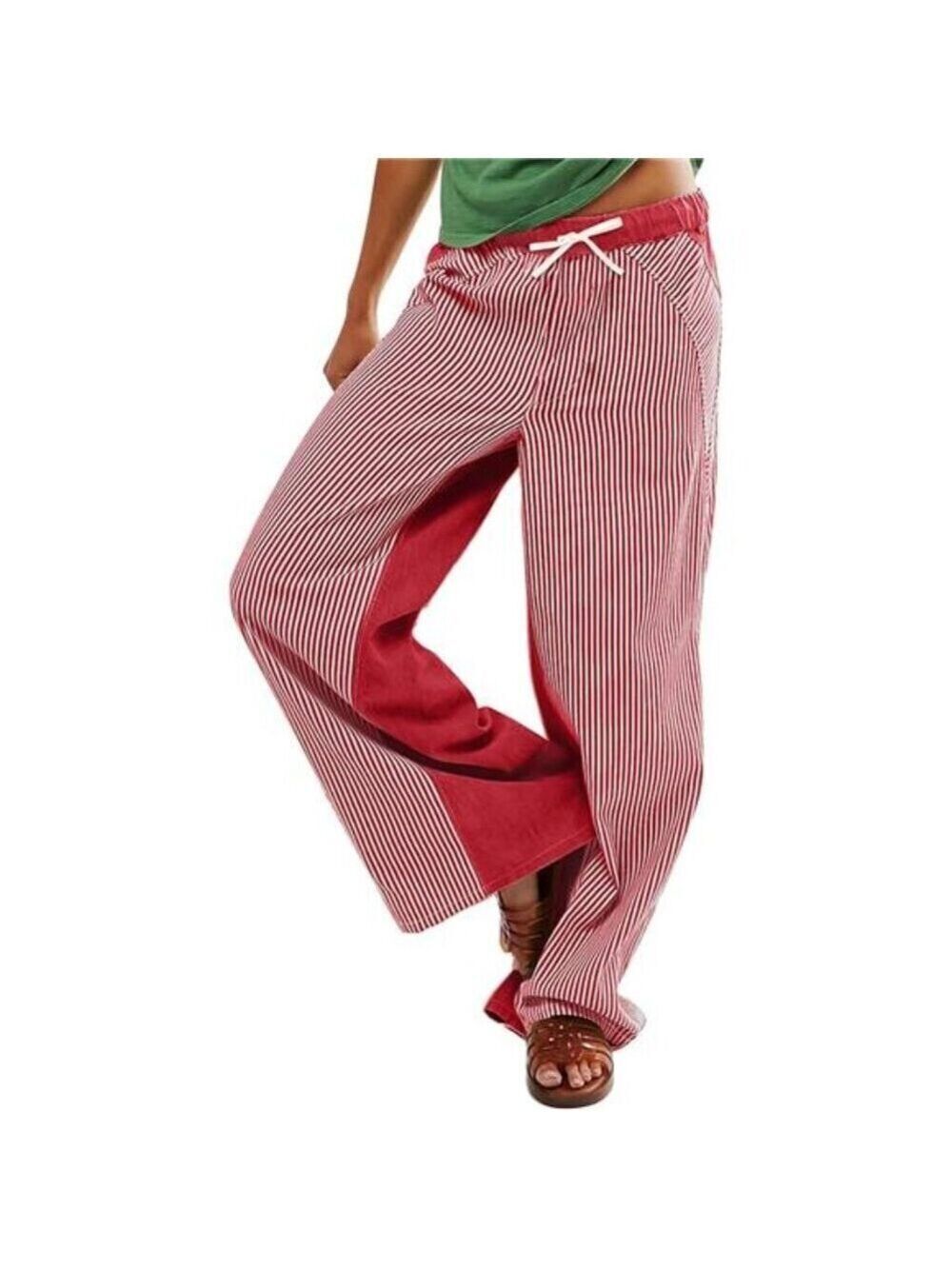 Women Y2k Red Striped Wide Leg Pants Baggy Drawstring Jeans Trendy Low Rise
